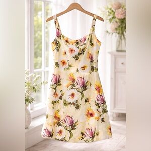 Abercrombie & Fitch Yellow Floral Fit & Flare Dress L Ruched Back Summer